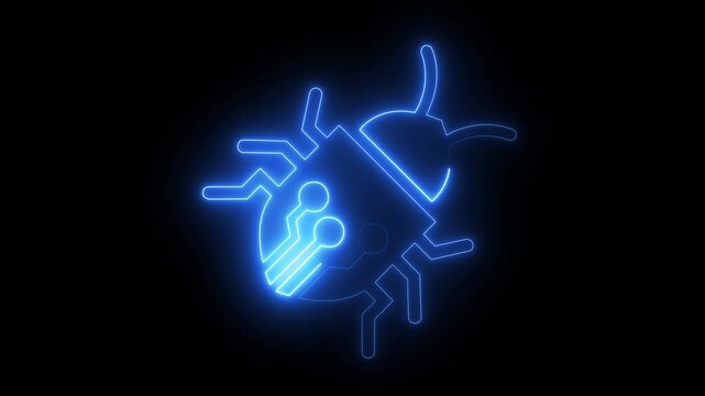 glowing neon digital illustration circuit bug icon overlapping circuit board symbolizing the intersection of technology. 4k motion video animation .