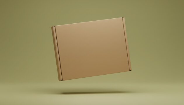 Floating kraft cardboard box mockup on olive green background