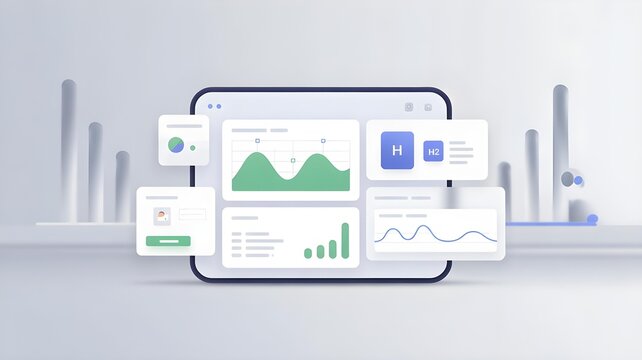 A clean, minimalist background showing a blurred, futuristic UIUX interface with generic charts and H2 icons