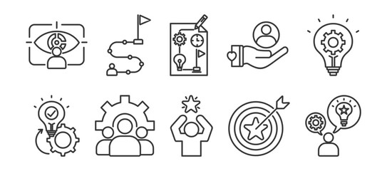 goals icon set collection in outline style. Icon pack contains goals , vision,mission plan, support, ideas, strategy, team, motivation,potential,  success, 