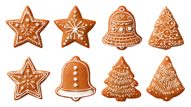 Gingerbread cookie collection featuring stars, bells, and trees isolated on white background