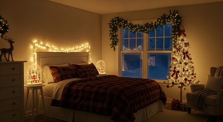Warm Christmas bedroom scene glows; festive lighting showcases soft holiday mood. Use for lifestyle, branding, and social media projects.