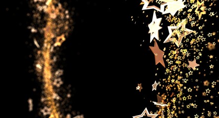 Dynamic gold stars on black background, perfect for holiday concepts, celebrations, and festive designs. Ideal for events, d
