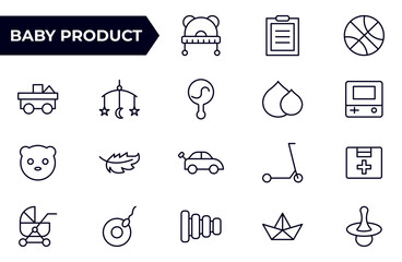 Baby Product and Game outline Icon Set. A charming collection of icons designed for parents and caregivers, perfect for websites, apps