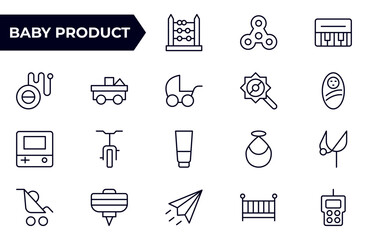 Baby Product and Game outline Icon Set. A charming collection of icons designed for parents and caregivers, perfect for websites, apps