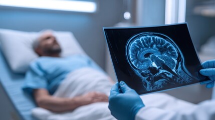 Doctor examines brain CT scan in patient s hospital room health focus