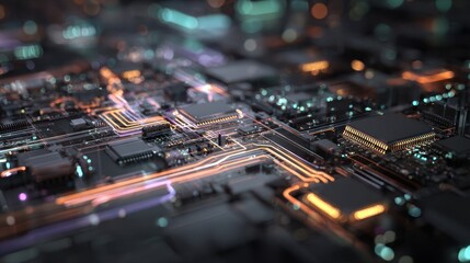 Intricate Circuit Board Illuminated with Neon Lights, Futuristic Technology Concept.