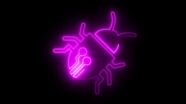 glowing neon digital illustration circuit bug icon overlapping circuit board symbolizing the intersection of technology. 4k motion video animation .