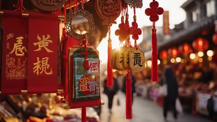A vibrant market display showcases red decorations, including scrolls and trinkets, as the sun shines brightly in the background. The red decorations symbolize good fortune and joy