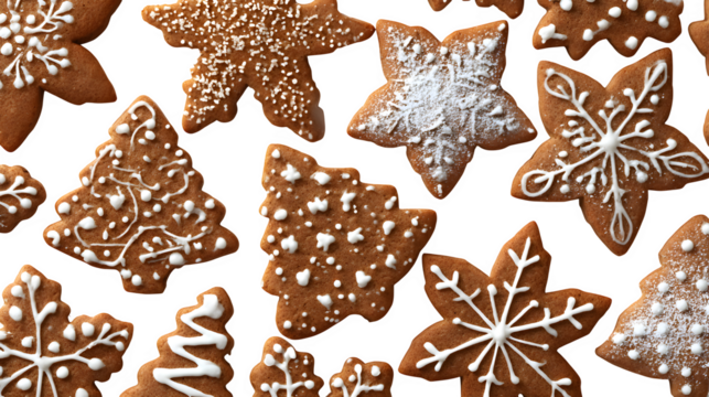 Gingerbread cookies shaped like snowflakes, stars, and trees decorated with icing isolated on white background