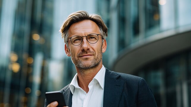Confident businessman in suit with glasses using smartphone outdoors