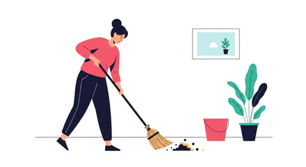 Woman sweeping floor with broom in clean minimal home, promoting cleanliness and hygiene in modern lifestyle, house chores and routine maintenance