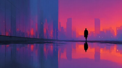 Fototapeta premium Silhouette of a person walking near reflective water with futuristic cityscape at sunset