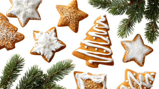 Gingerbread cookies in tree and star shapes decorated with frosting isolated on white background