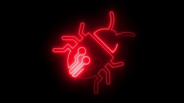 glowing neon digital illustration circuit bug icon overlapping circuit board symbolizing the intersection of technology. 4k motion video animation .