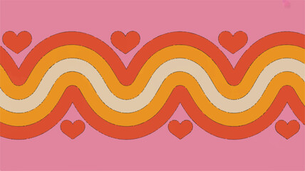 Vibrant retro groovy pattern with flowing wavy lines and cute heart accents on a cheerful pink background, evoking 70s nostalgia