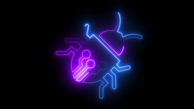 glowing neon digital illustration circuit bug icon overlapping circuit board symbolizing the intersection of technology. 4k motion video animation .
