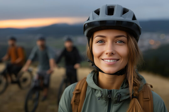 Smiling young woman wearing helmet with friends cycling in background, scenic hills at sunset behind group