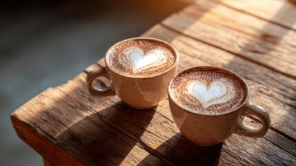 Two cappuccino cups with heart-shaped foam sit on a rustic wooden table