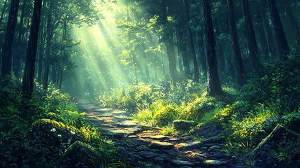 Obraz premium Forest sunlight penetrates through leaves and paths