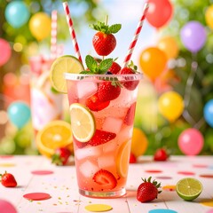 Festliche Geburtstagsfeier mit erfrischenden Erdbeergetränken und Dekorationen. Sommerfest.