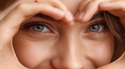 Wellness of Eyesight Image of Joyful Woman Forming Heart Shape with Hands Around Her Eyes Closeup of Happy Girl with Clear Skin Making Love Gesture Vision Care High Quality Photo