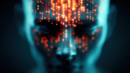 A digital representation of a humanoid face with a matrix of glowing binary code, symbolizing artificial intelligence and data processing.