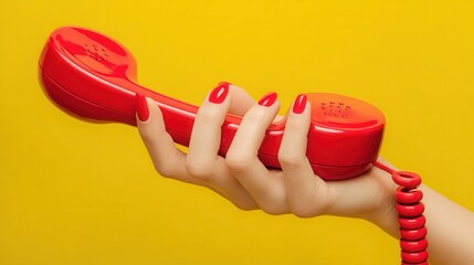 Close up side view of a woman s hand holding a red telephone receiver against a yellow backdrop