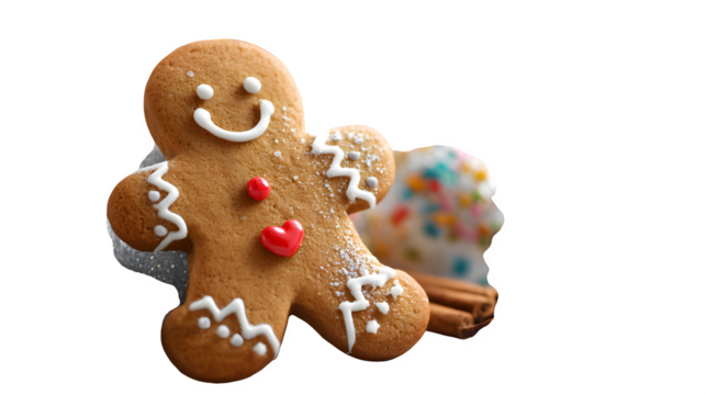 Gingerbread man cookie with icing details and festive decorations isolated on white background