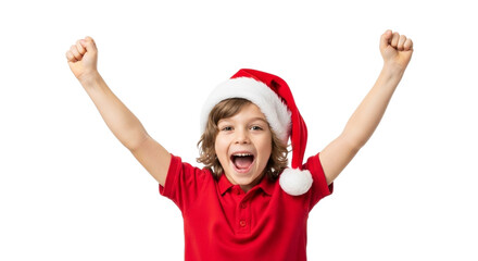 Excited young boy wearing a santa hat and red shirt, with arms raised in celebration