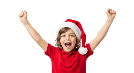 Excited young boy wearing a santa hat and red shirt, with arms raised in celebration