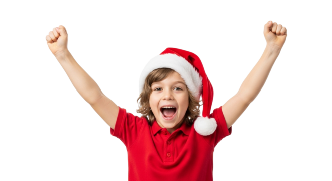 Excited young boy wearing a santa hat and red shirt, with arms raised in celebration