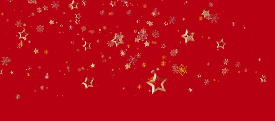 Christmas background with golden stars and snowflakes on a vibrant red background. Perfect for holiday design, greetings, and festive