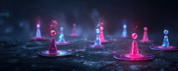 A futuristic digital scene with glowing, crystal-like structures connected by shimmering lines, evoking themes of technology and connectivity.