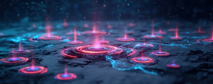 A futuristic digital landscape with glowing circular markers and a vibrant color scheme, evoking a sense of technology and connectivity.