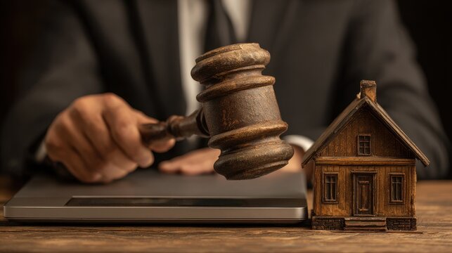 Judge with sledgehammer and laptop symbolizes property division in real estate auctions and divorce proceedings