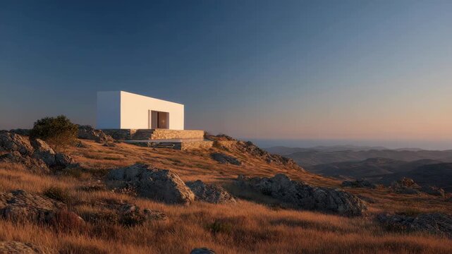 Modern minimalist white house on rocky hillside at sunset