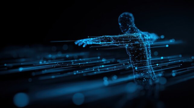 A digital representation of a humanoid figure composed of glowing blue particles, suggesting motion and energy in a futuristic setting.