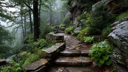 Obraz premium Misty Stone Pathway Through Lush Green Forest Landscape in Morning