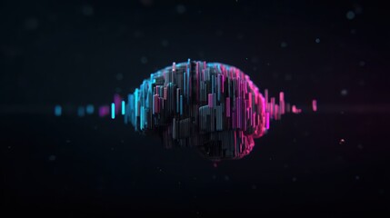 A digital illustration of a brain made of colorful vertical bars, suggesting concepts of sound and creativity against a dark background.