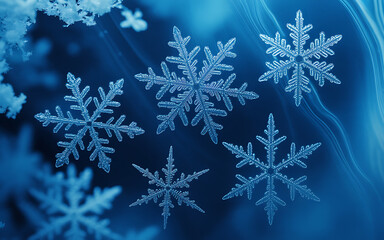 Closeup of delicate blue snowflakes falling in winter