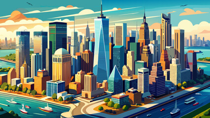 Very beautiful aerial panorama of Lower Manhattan in New York City, featuring soaring skyscrapers, shimmering waterfront edges, and a sweeping view of the iconic urban skyline under clear daylight.