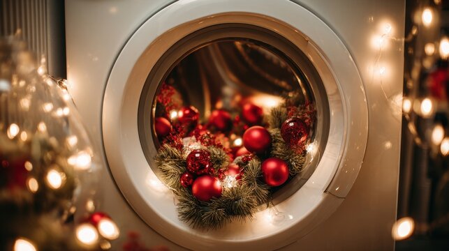 A washing machine drum filled with red Christmas ornaments, pine branches, and glowing holiday lights - Powered by Adobe
