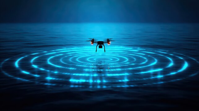 A futuristic drone hovers over water, emitting glowing blue ripples, creating a captivating blend of technology and natural elements.
