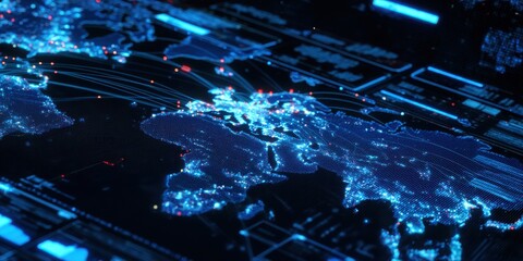 A detailed digital map showcasing illuminated geographical outlines and data connections across the world, emphasizing technology and connectivity.