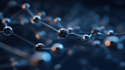 A close-up view of interconnected atoms, showcasing a network of metallic spheres and lines against a dark background.