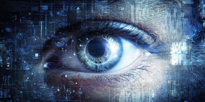A close-up of an eye embedded in a digital circuit background, symbolizing the fusion of technology and human perception.