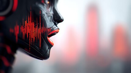 A futuristic robot's face with soundwave patterns, set against a blurred urban backdrop in shades of red.