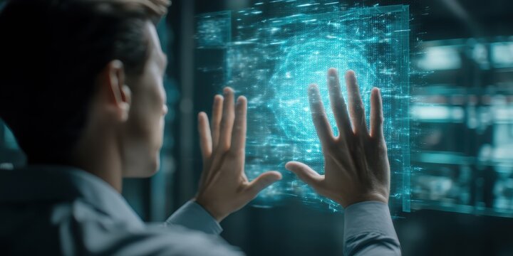 A person interacts with a holographic interface, displaying a digital representation, emphasizing technology and innovation in a futuristic setting.