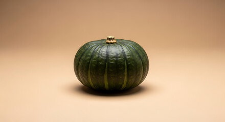 A single dark green kabocha squash centered on a light brown background in a studio setting
